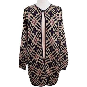 Brenda French Rags Santana Knit Open Front Cardigan Sweater Beige Black 2 M/L